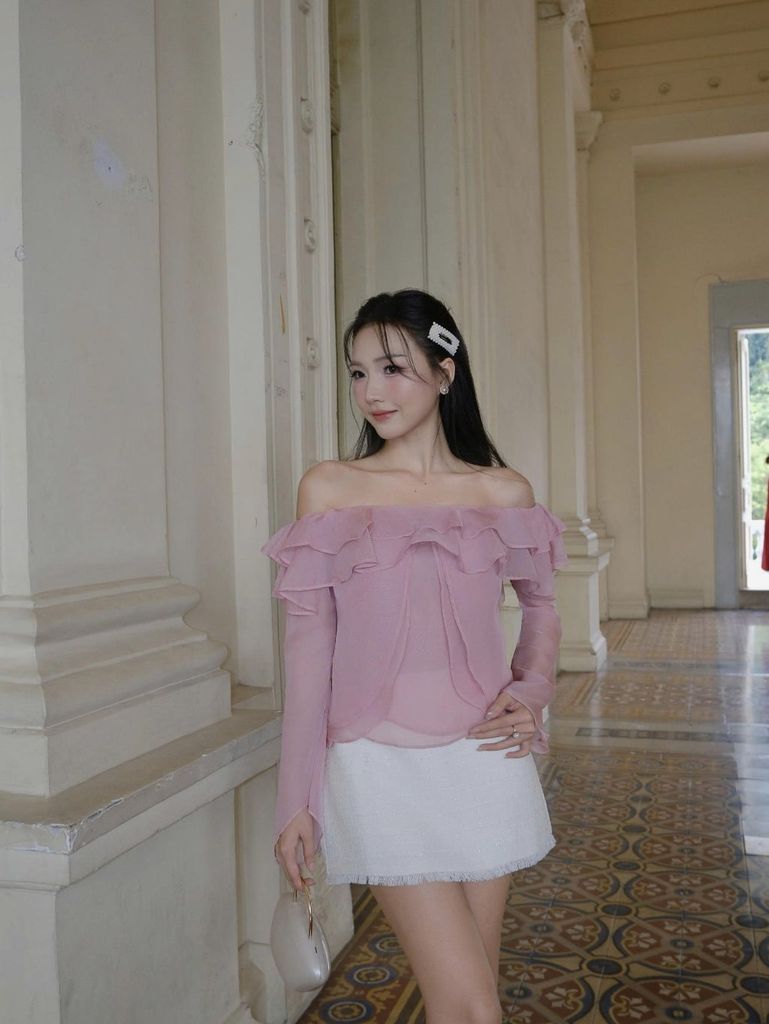 Áo Kiểu Nữ VIRAT Tay Dài Trễ Vai Phối Bèo Voan GOÛT DE JUN