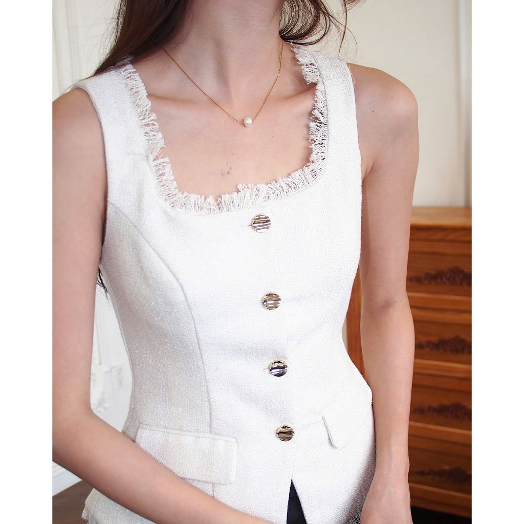 Áo Kiểu Nữ Cổ Vuông Sát Nách Chất Liệu Tweed Thanh Lịch - VEIGA TOP - GOÛT DE JUN
