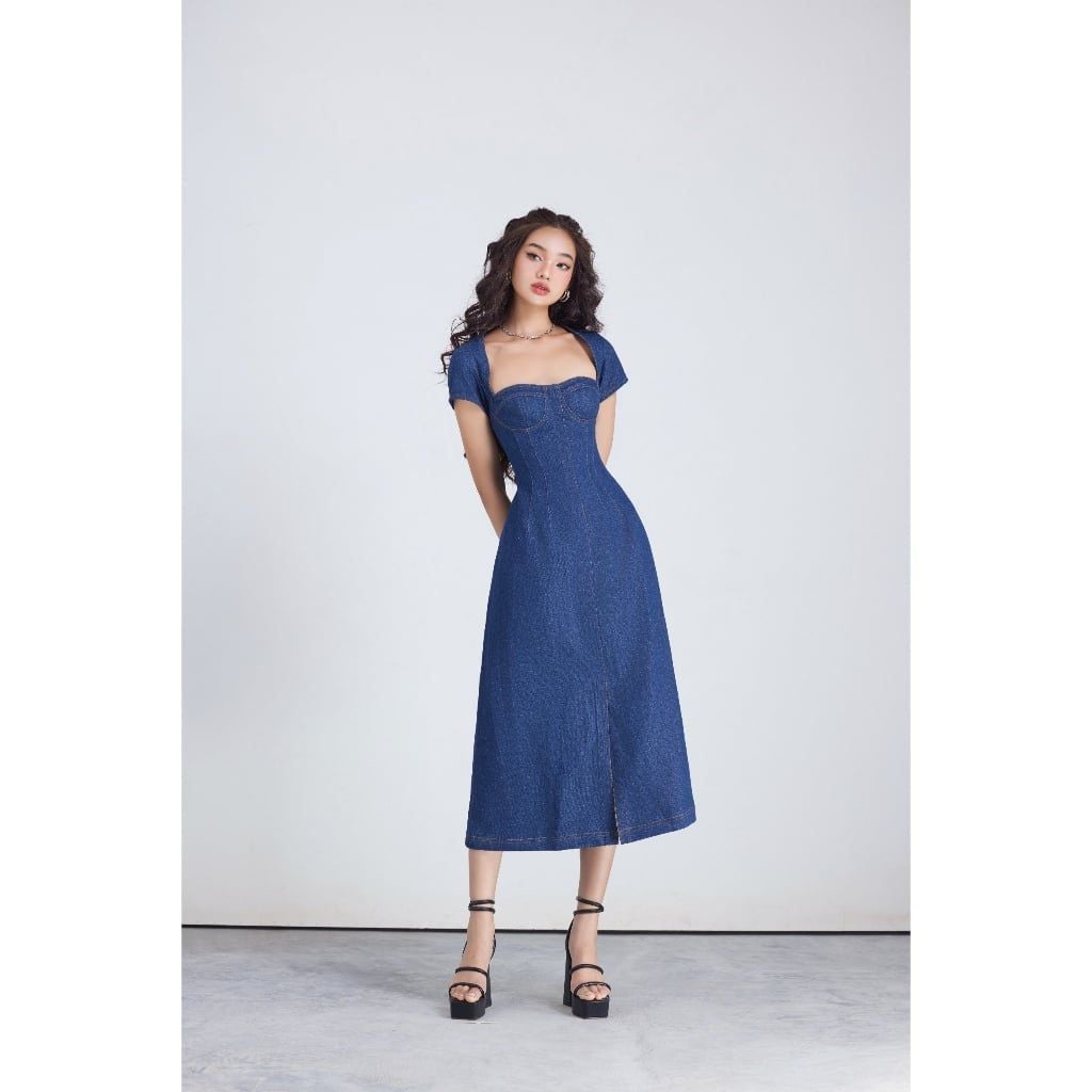Đầm Nữ Denim Cổ Vuông Tay Ngắn Khoét Lưng - NOVA DRESS - GOÛT DE JUN