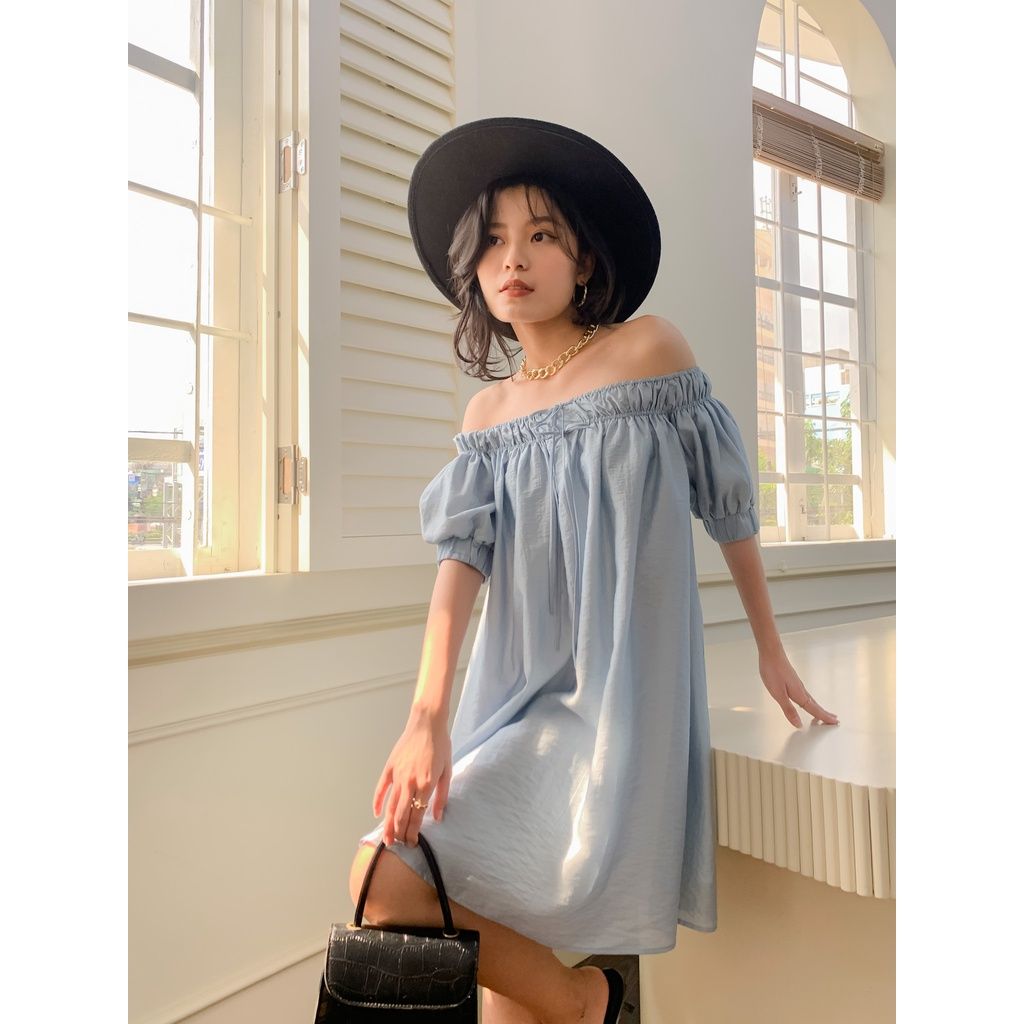 GOÛT DE JUN - Đầm bẹt vai xanh - Azura Dress
