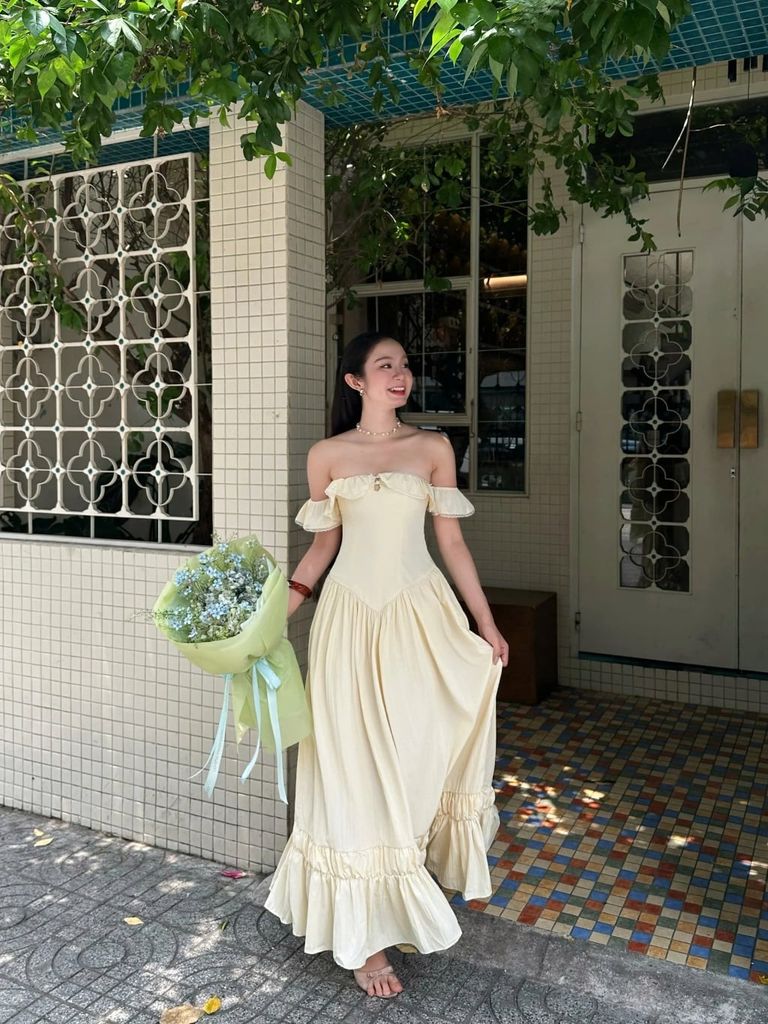 Đầm Nữ ZIYAL Trễ Vai Maxi Phối Bèo Dễ Thương GOÛT DE JUN
