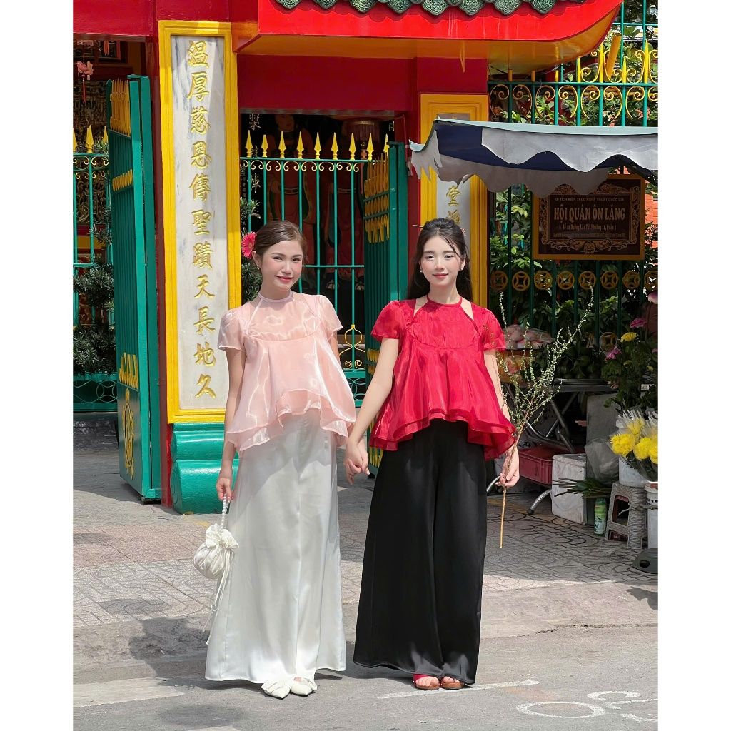 Áo Nữ Thiết Kế Tơ Bồng Phối Cổ Yếm Tay Ngắn - THANH YÊN - GOÛT DE JUN