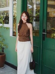 GOUT DE JUN Áo Yếm Hở Lưng Lai Viền Ren Chất Lụa Nhám CALMIR Áo Kiểu Khoét Vai Nữ Tính FGBA2605016