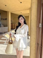 GOUT DE JUN Set Áo Cổ Nơ Tay Loe Chân Váy Xếp Tầng Tiểu Thư Thanh Lịch SAWKI FGBA2602082 FGKA2602083