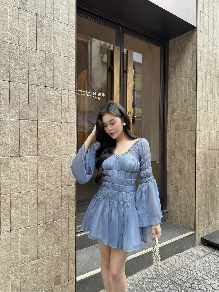 Đầm Nữ HEVAL Tay Dài Cổ V Form Ngắn Xòe Dễ Thương GOÛT DE JUN