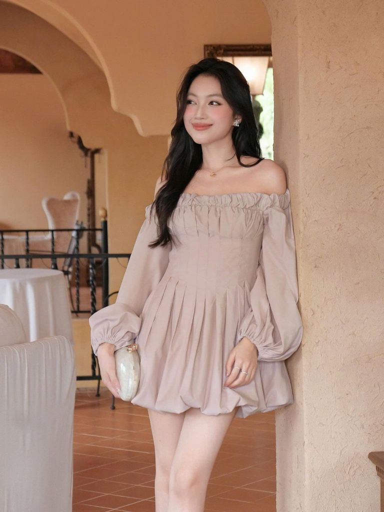 Đầm Nữ DOTING Trễ Vai Tay Dài Dáng Ngắn Form Bí Dễ Thương GOÛT DE JUN