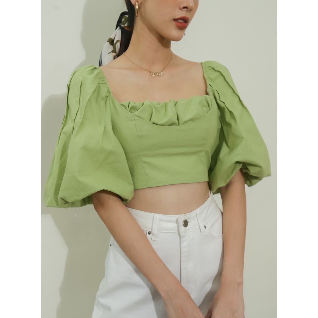 GOÛT DE JUN - Áo croptop tay bồng xanh cốm - Folim Top
