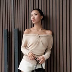 GOUT DE JUN Áo Kiểu Thun Giấy Mỏng Nhẹ Trễ Vai FAMON TOP Áo Tay Dài Phối Khoét Co Giãn FGBA2607077