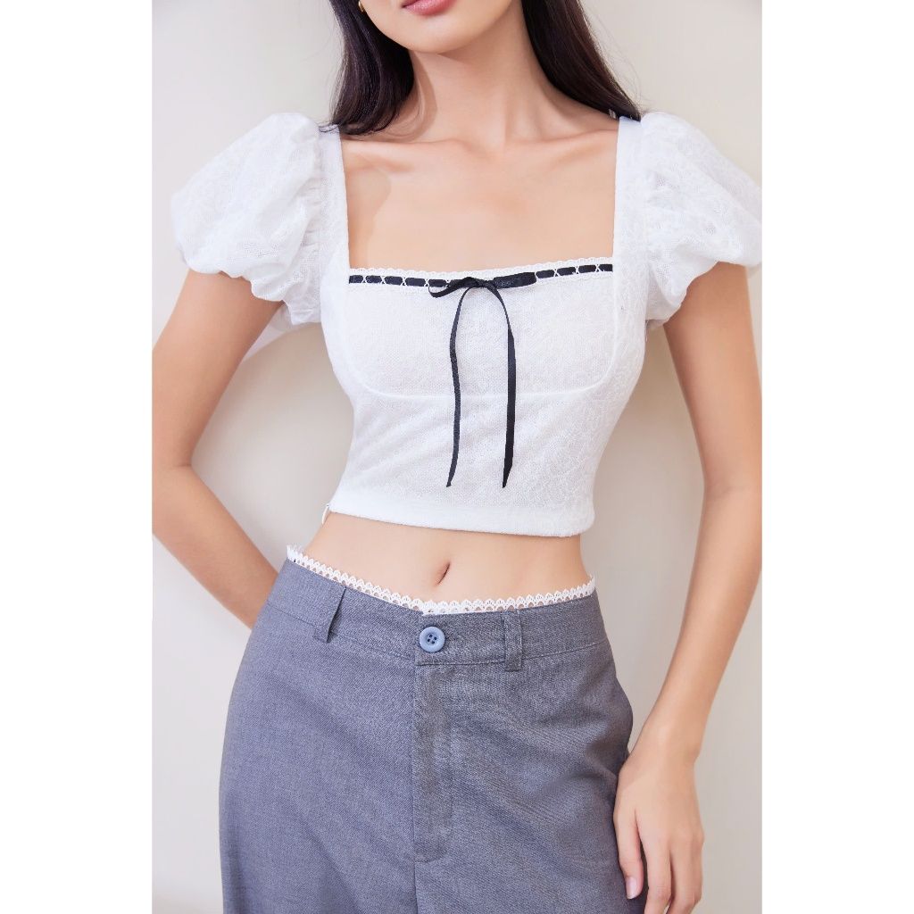 Áo Kiểu Nữ Croptop Ren Hoa Tay Phồng Bánh Bèo - PIER TOP - GOÛT DE JUN