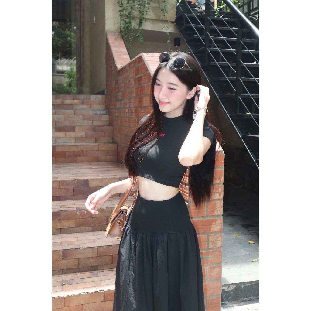 Set Áo Croptop Nữ Basic Phối Chân Váy Dài Dáng Xòe ( bán lẻ ) - KARIN SET - GOÛT DE JUN