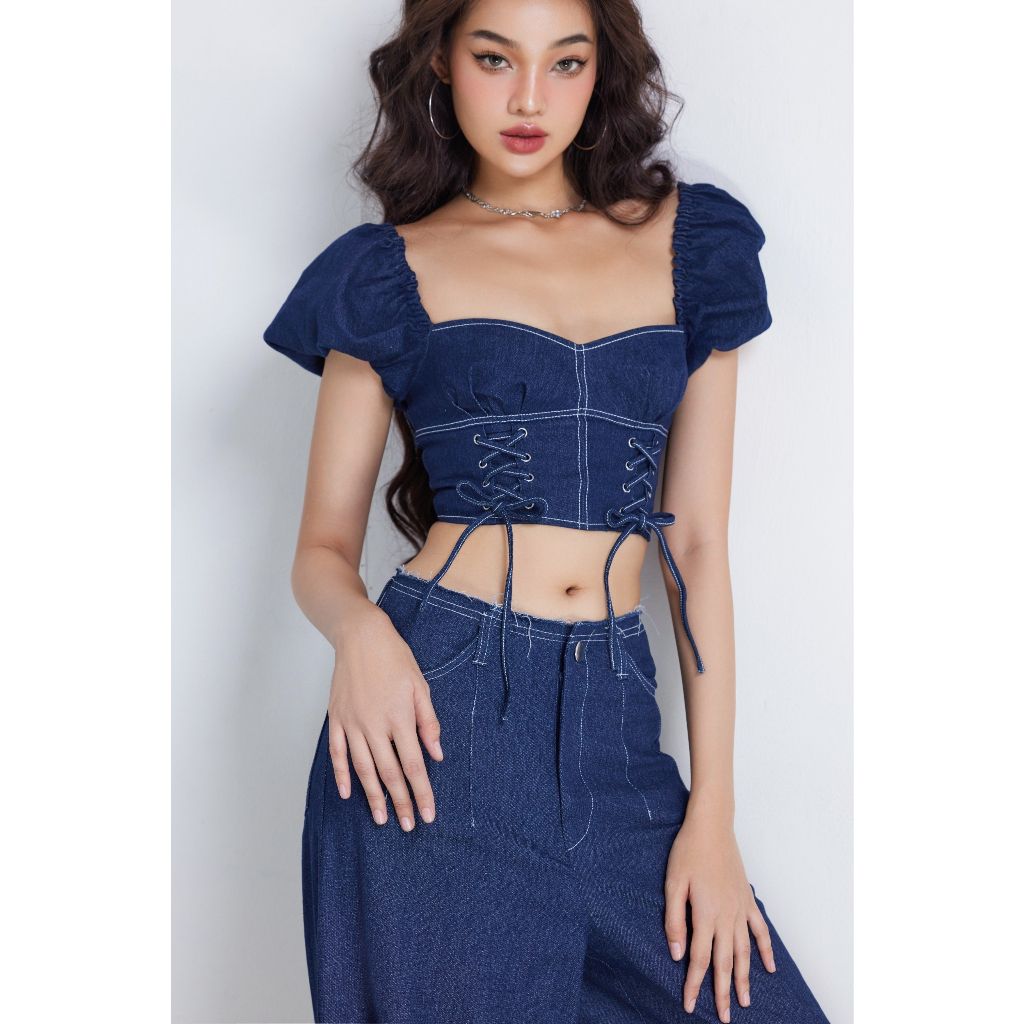 Quần Jeans Viền Chỉ Ống Rộng Lưng Cao Hack Dáng - NAVY PANTS - GOÛT DE JUN