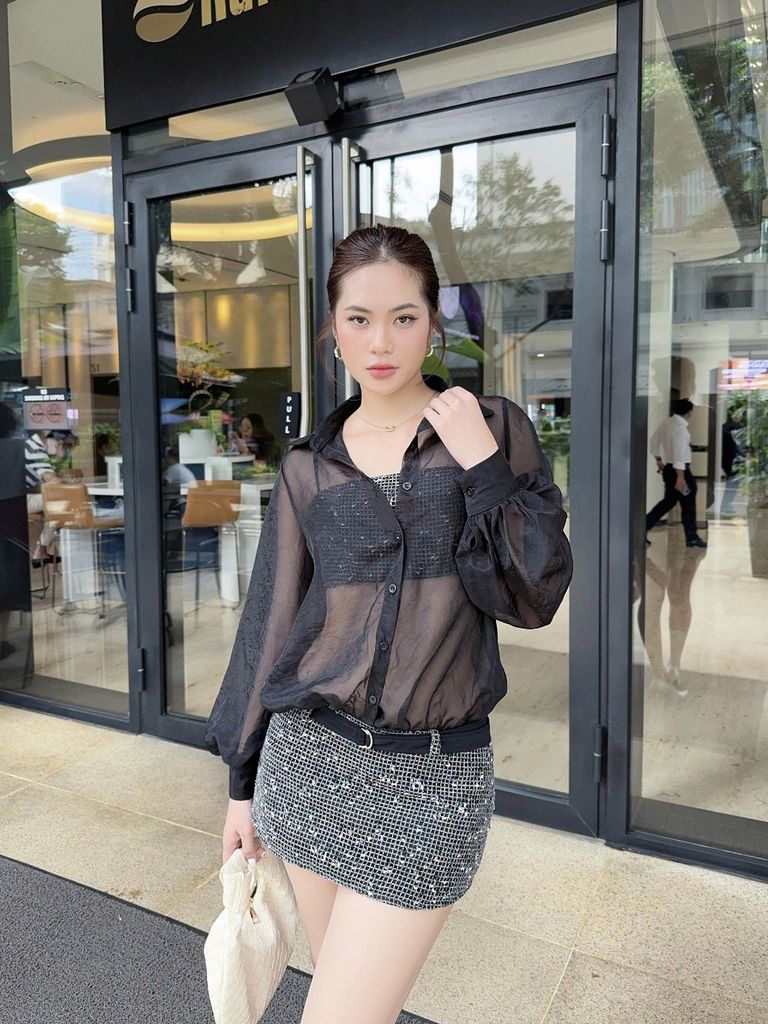 Đầm Nữ JASPER Đi Tiệc Cổ Sơ Mi Xuyên Thấu Phối Ren Lưới Sexy GOÛT DE JUN
