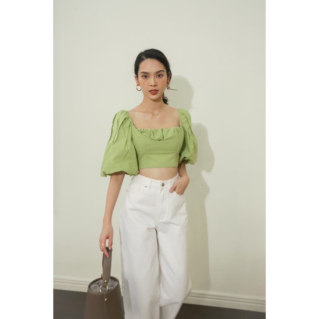 GOÛT DE JUN - Áo croptop tay bồng xanh cốm - Folim Top