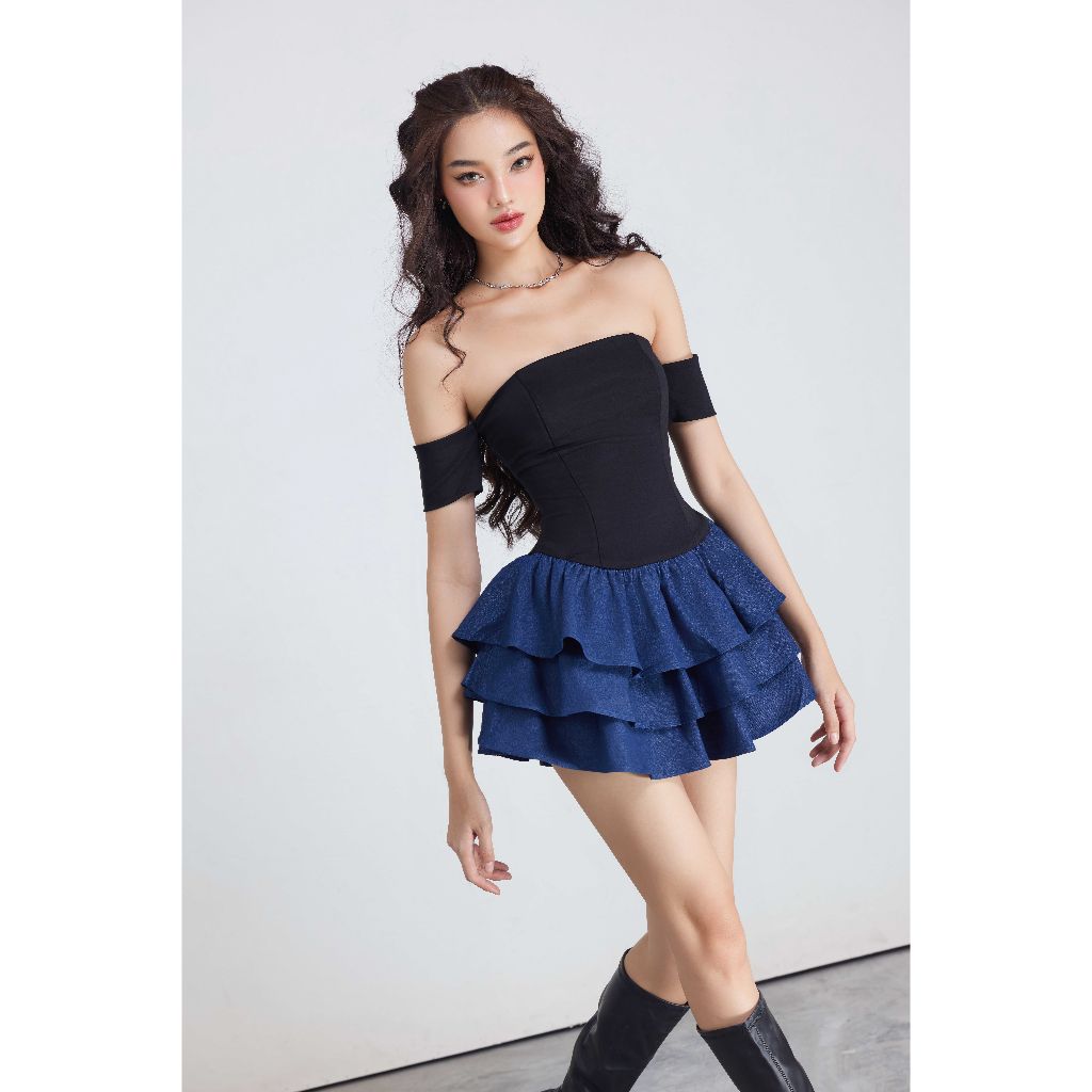 Đầm Nữ Trễ Vai Phối Denim Ba Tầng - KIYO DRESS - GOÛT DE JUN