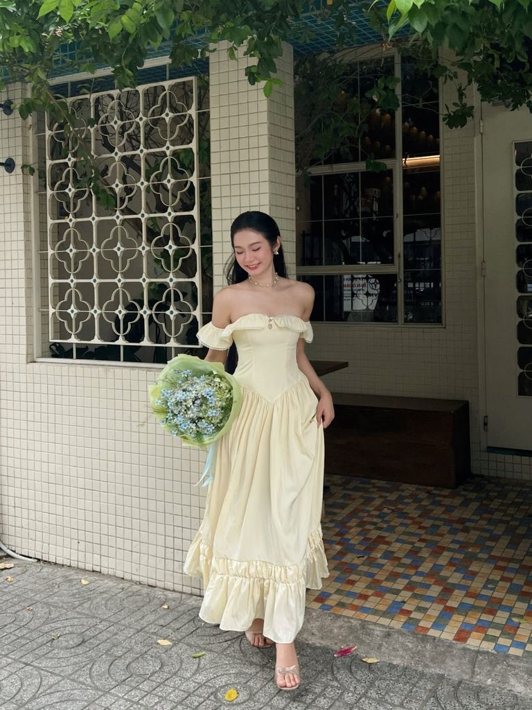 Đầm Nữ ZIYAL Trễ Vai Maxi Phối Bèo Dễ Thương GOÛT DE JUN