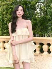 GOUT DE JUN Đầm Nữ Hai Dây Phối Bèo Chất Lụa Tơ SHIRAY Váy Mini Tiểu Thư