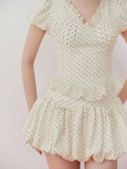 (Bán Lẻ) Set Nữ DREASY Áo Tay Phồng Chấm Bi Cổ Chữ V Và Chân Váy Bí Dễ Thương  GOÛT DE JUN