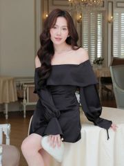 Đầm Lụa Nữ FINSSA Trễ Vai Tay Dài Form Ngắn Nữ Tính GOÛT DE JUN