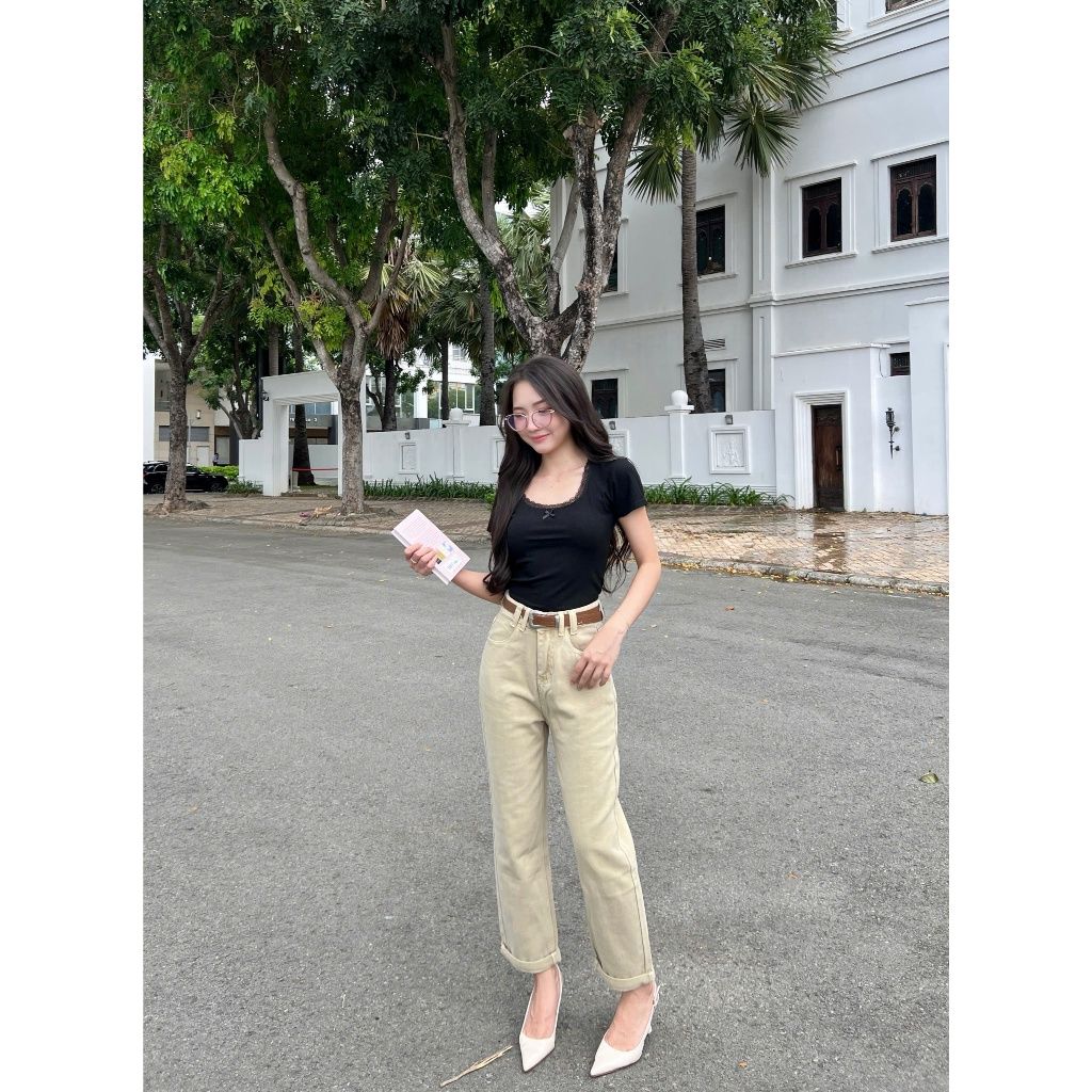 Áo Thun Form Ôm Cổ Tròn Viền Ren Phối Nơ - CHAXYN TOP - GOÛT DE JUN