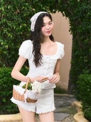 GOUT DE JUN Set Áo Tay Phồng Quần Short Chất Xô Thêu HURRI Dễ Thương Phối Viền Ren