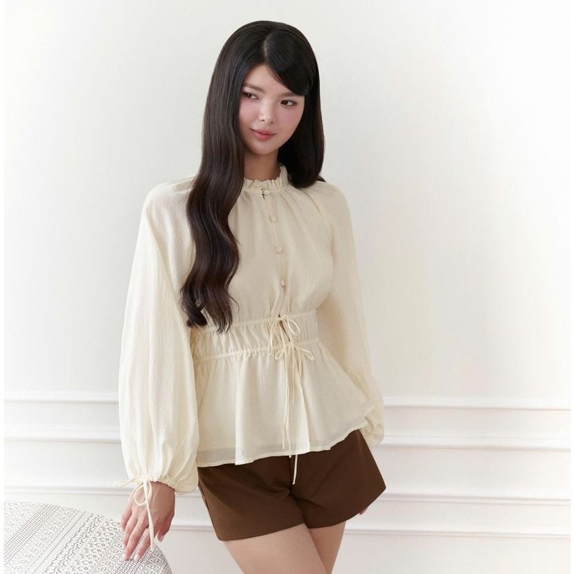 Gout De Jun Áo Sơ Mi Nữ Tay Phồng Nhún Lưng Tơ Tằm GEHALL Áo Kiểu Nữ Tay Dài Vintage FGBA2607078