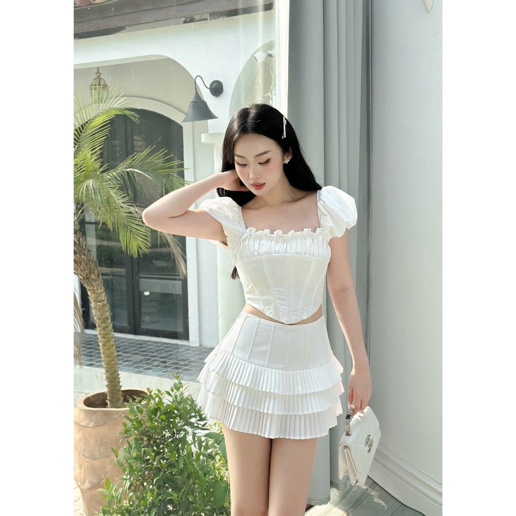 Set Áo Kiểu Nữ Croptop Tay Phồng Phối Chân Váy Xếp Li (bán lẻ) - YUSHII SET - GOÛT DE JUN