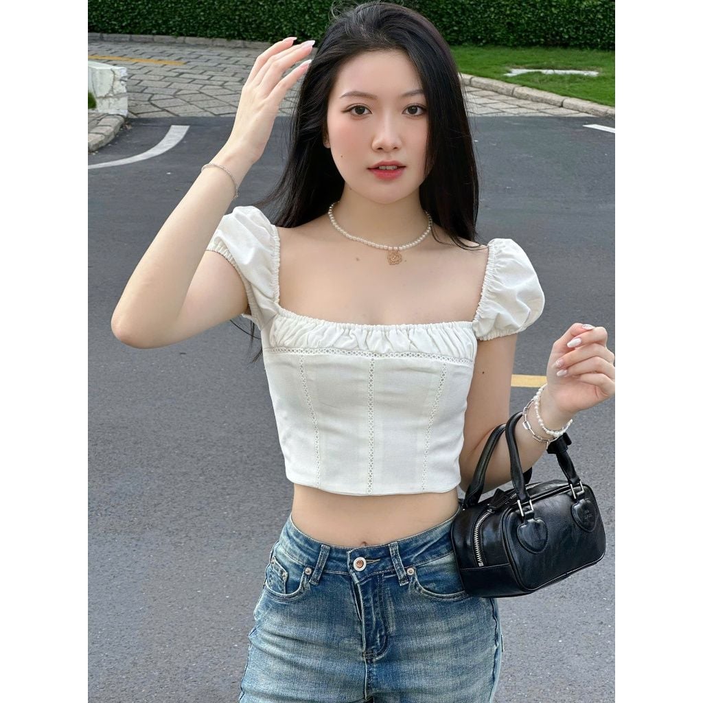 Áo Nữ Croptop Tay Phồng Cổ Vuông Ôm Dáng Nữ Tính - DARLY TOP - GOÛT DE JUN
