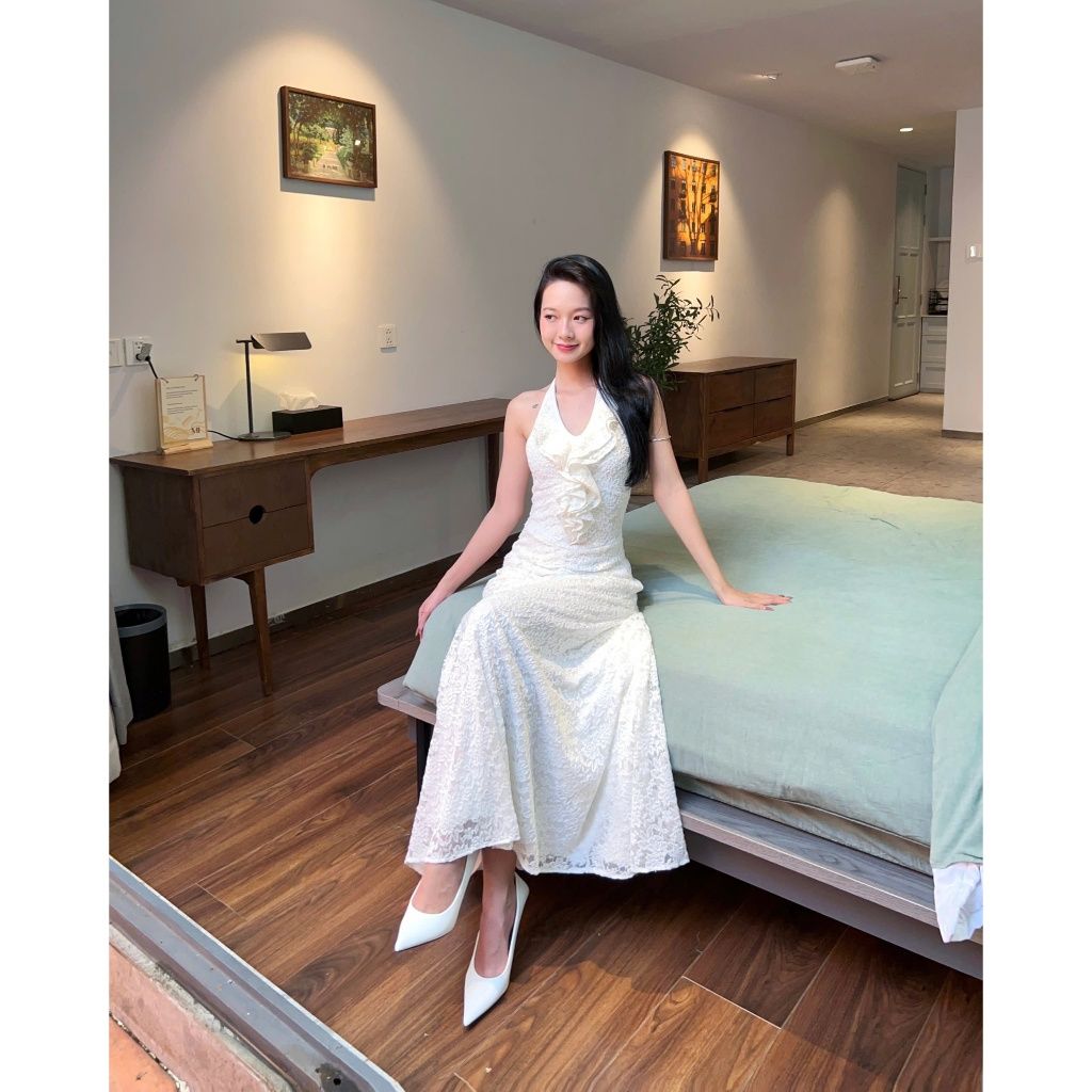 Đầm Xòe Nữ Dự Tiệc Cổ Yếm Nhún Eo Tôn Dáng Viền Bèo Ren Hoa Sang Trọng - JELISS DRESS - GOÛT DE JUN