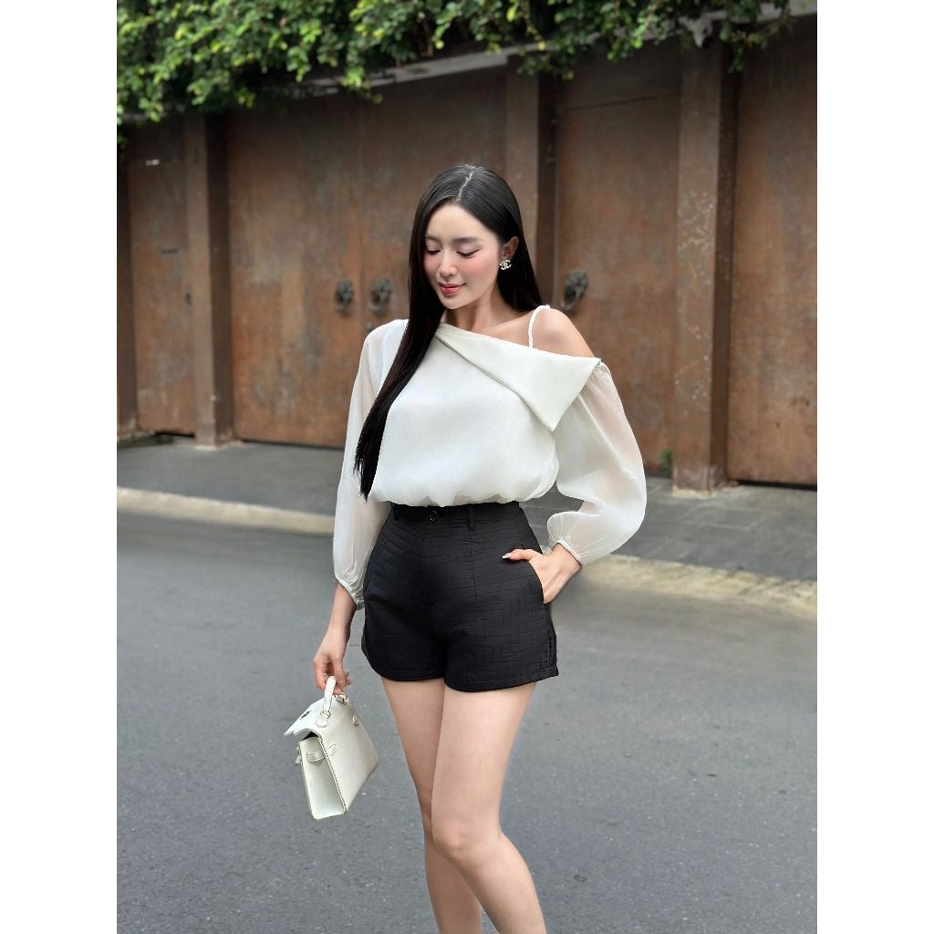 Áo Nữ Lệch Vai Cổ Bẻ Tay Dài Bồng Thanh Lịch - MINSO TOP - GOÛT DE JUN
