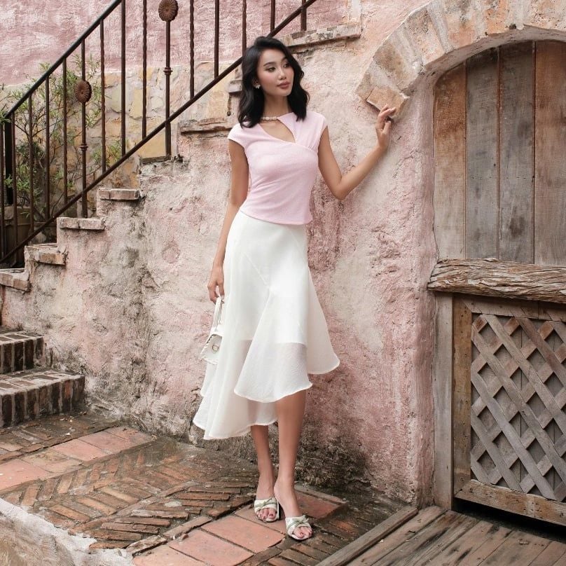 GOUT DE JUN Chân Váy Dài Xòe Tà Lệch Cạp Cao GARCIA SKIRT Váy Midi Nữ Sang Trọng Vải Tơ FGKA2606077