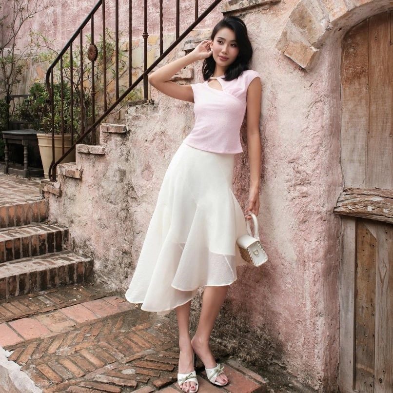 GOUT DE JUN Chân Váy Dài Xòe Tà Lệch Cạp Cao GARCIA SKIRT Váy Midi Nữ Sang Trọng Vải Tơ FGKA2606077
