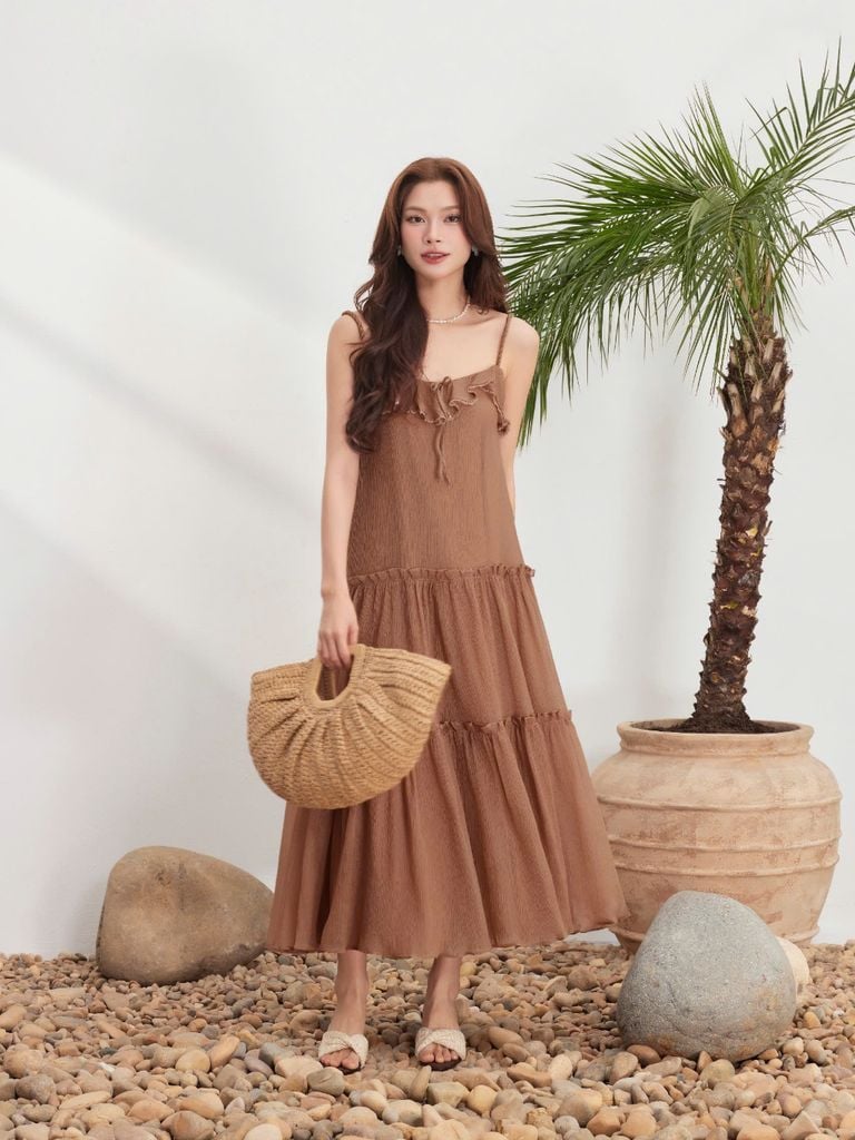 Đầm Nữ KIDLAT Hai Dây Form Maxi Xòe Chất Tơ Mềm Phối Bèo Đi Biển, Dạo Phố GOUT DE JUN