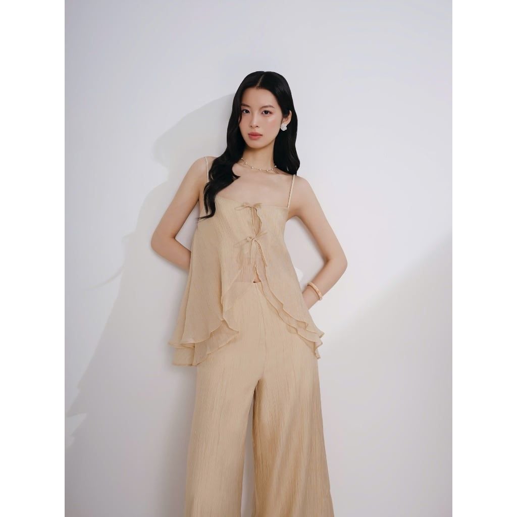Set Áo Nữ Mùa Hè Hai Dây Bèo Xòe Đính Nơ và Quần Dài Ống Rộng - JOAN SET - GOÛT DE JUN