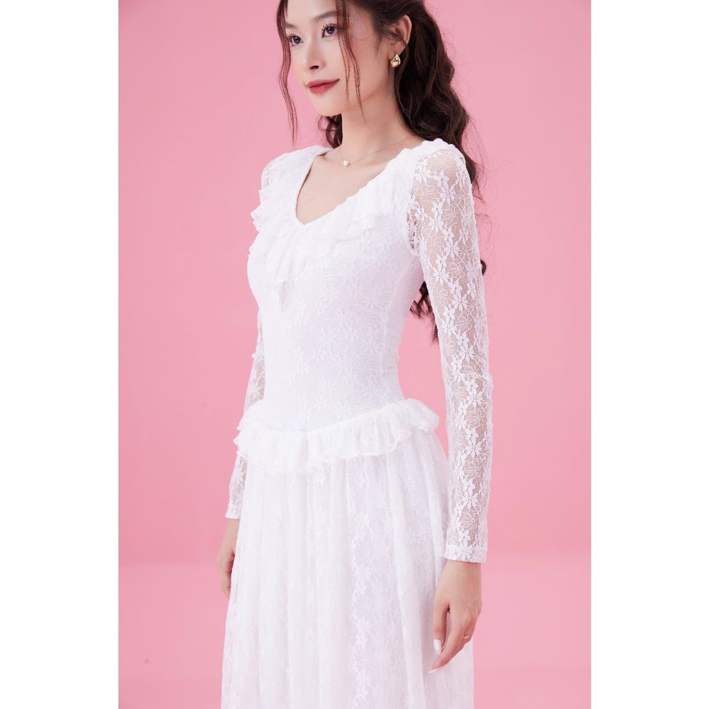 Đầm Xòe Dự Tiệc Tay Dài Viền Bèo Phối Ren Sang Trọng - LEWIS DRESS - GOÛT DE JUN