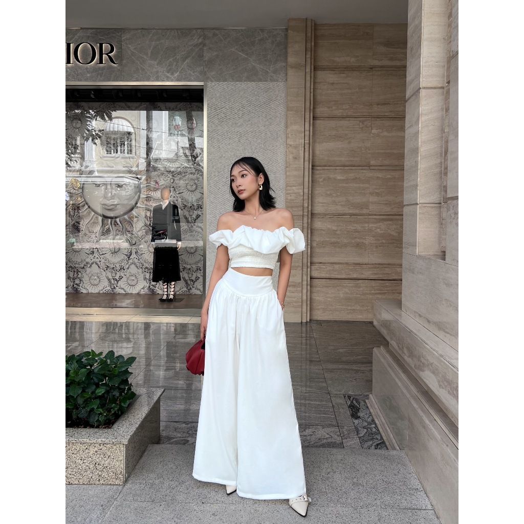 Set Áo Croptop Trễ Vai Mùa Hè Phối Quần Ống Rộng (bán lẻ) - CHALIN SET - GOÛT DE JUN