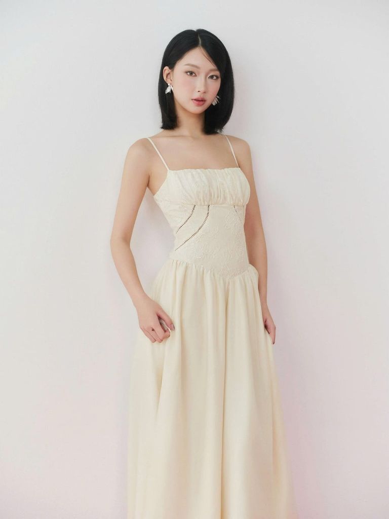Đầm Nữ DELYRA Hai Dây Nhún Ngực Form Dài Nữ Tính GOÛT DE JUN