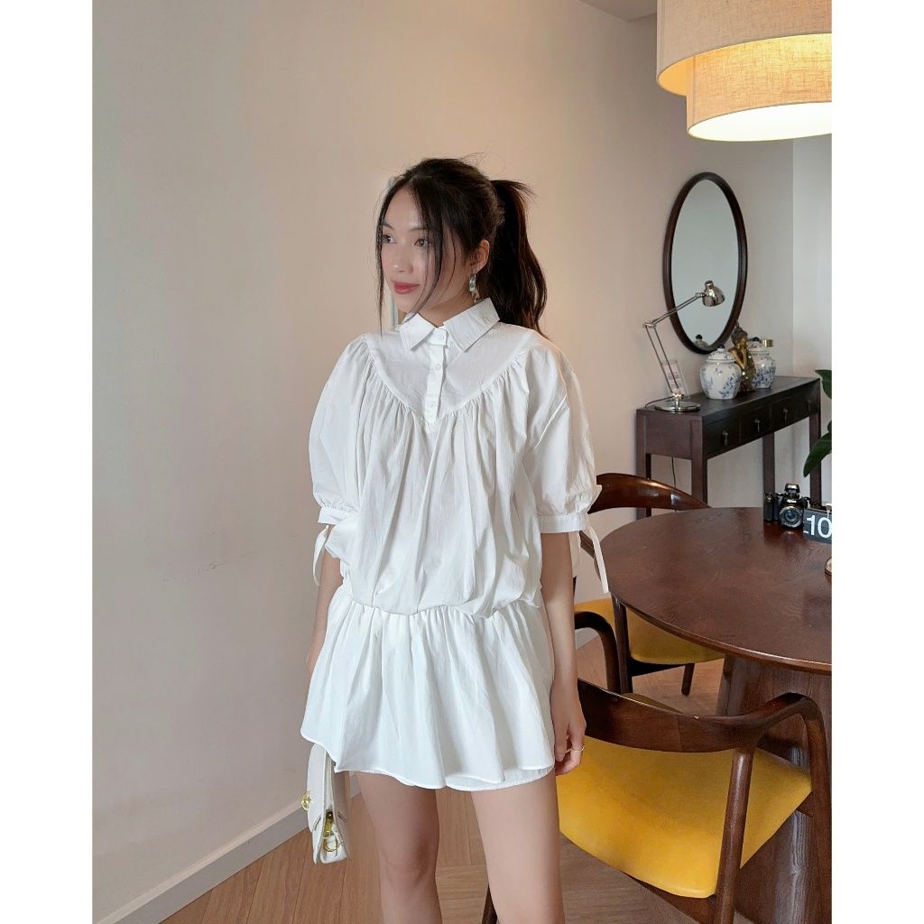 Set Áo Sơ Mi Tay Lỡ Thắt Nơ Dáng Ngắn Xòe Phối Quần Short Siêu Xinh - ERZA DRESS - GOÛT DE JUN