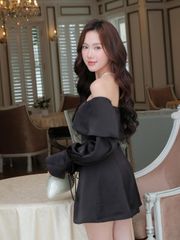 Đầm Lụa Nữ FINSSA Trễ Vai Tay Dài Form Ngắn Nữ Tính GOÛT DE JUN