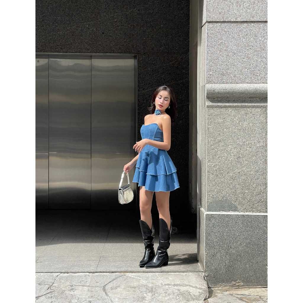 Đầm Nữ Cúp Ngực Denim 2 Tầng Vạt Xéo - FLORA DRESS - GOÛT DE JUN