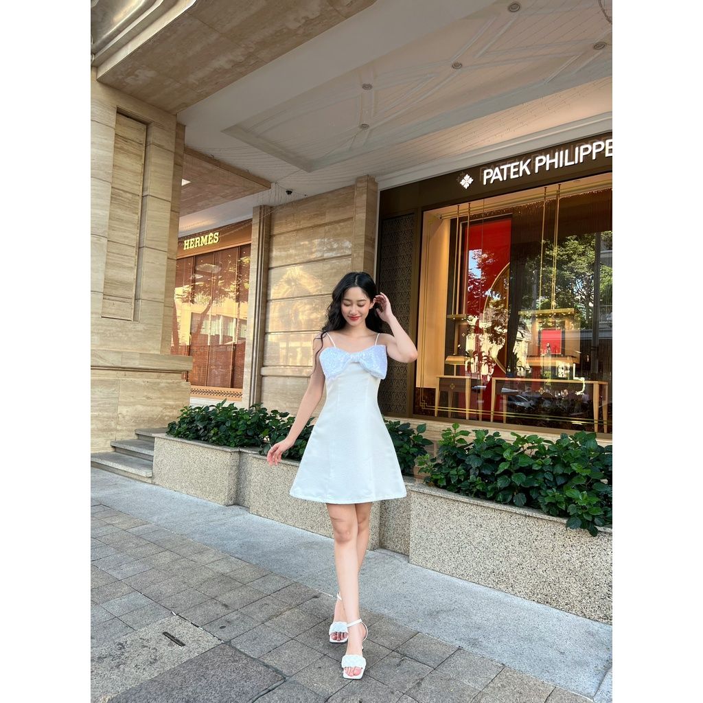 Đầm nữ tafta hai dây bản nơ to đính đá form xòe BOW DRESS - GOÛT DE JUN