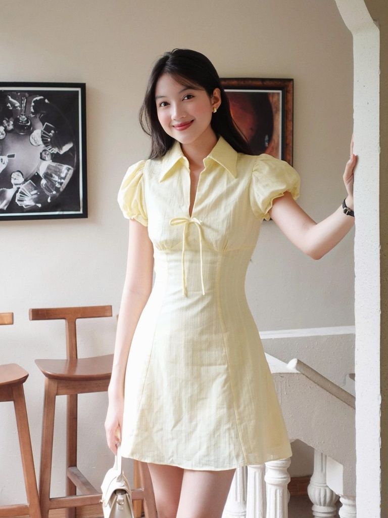 Đầm Nữ Nashil Cổ Chữ V Sơ Mi Tay Bồng Form Ngắn Thanh Lịch GOÛT DE JUN