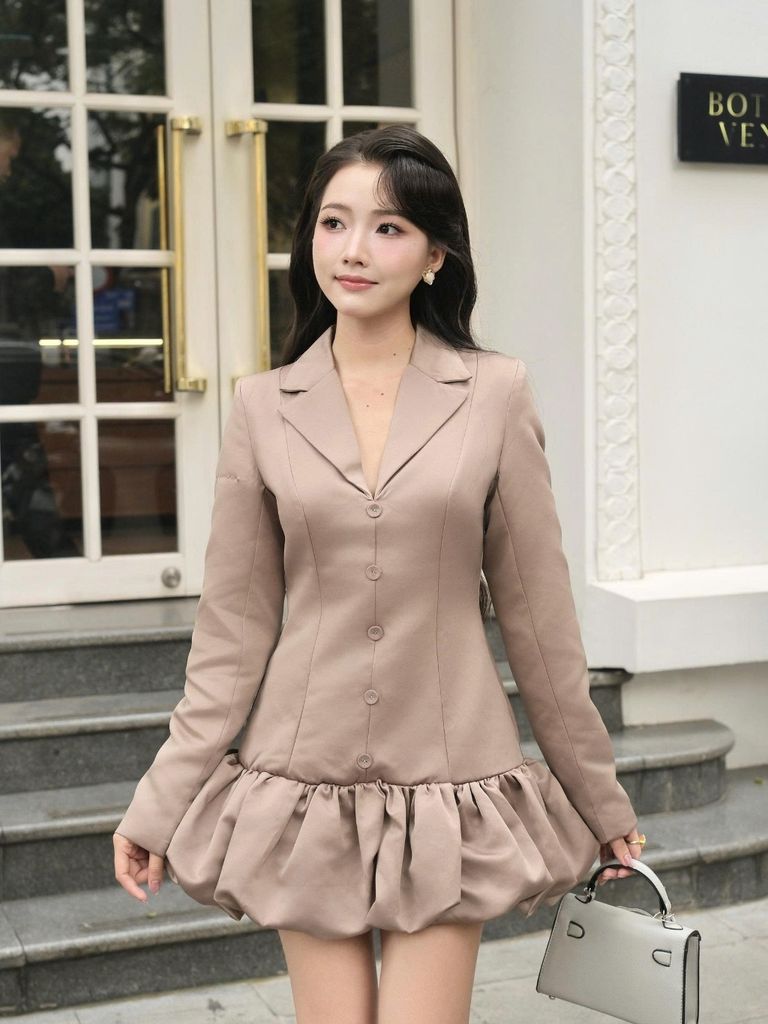 Đầm Nữ PRIMO Cổ V Tay Dài Bồng Bềnh Thu Đông Thanh Lịch GOÛT DE JUN