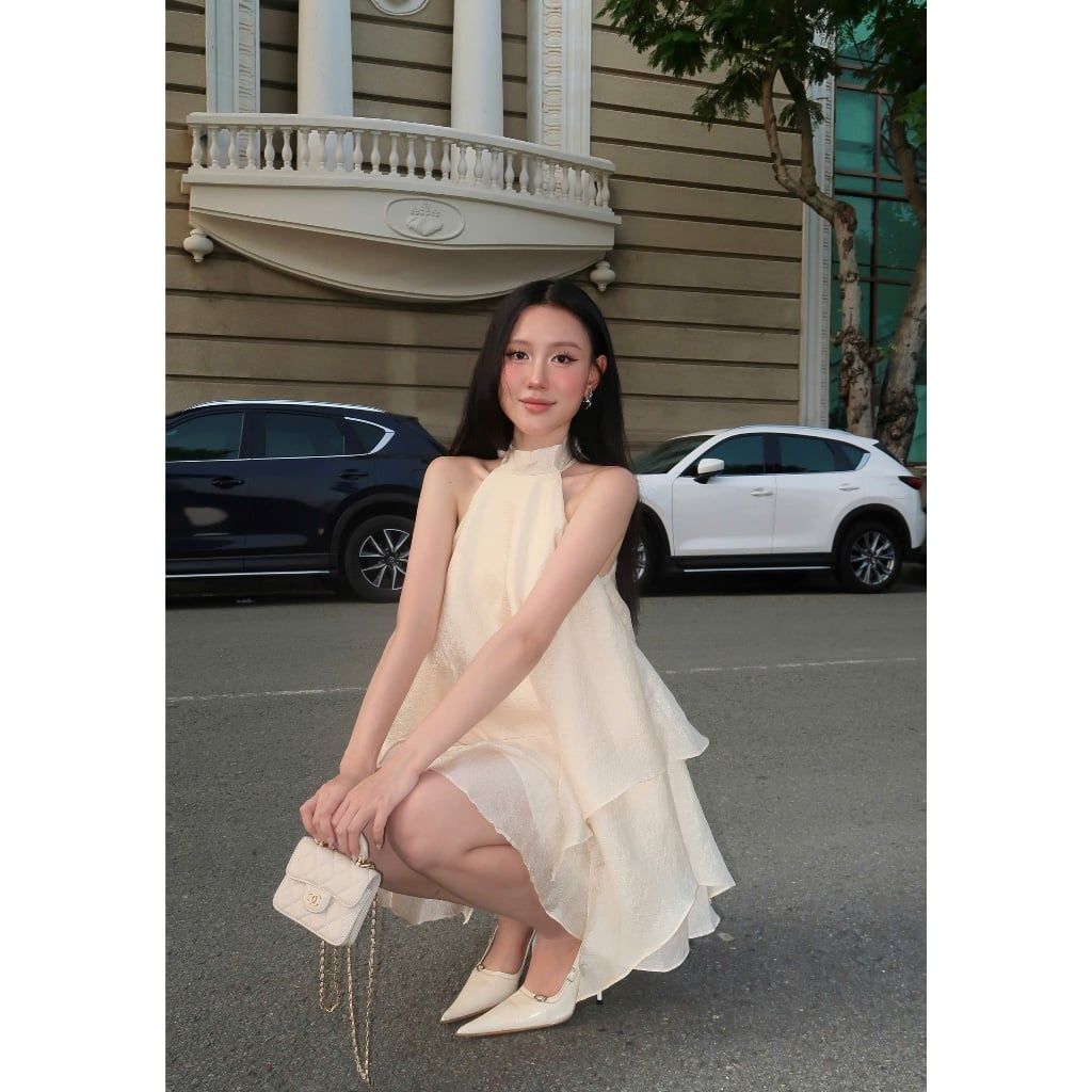 Đầm Freesize Cổ Yếm Cột Nơ Dáng Xòe Tầng Dành Cho Nữ - CHENDY DRESS - GOÛT DE JUN