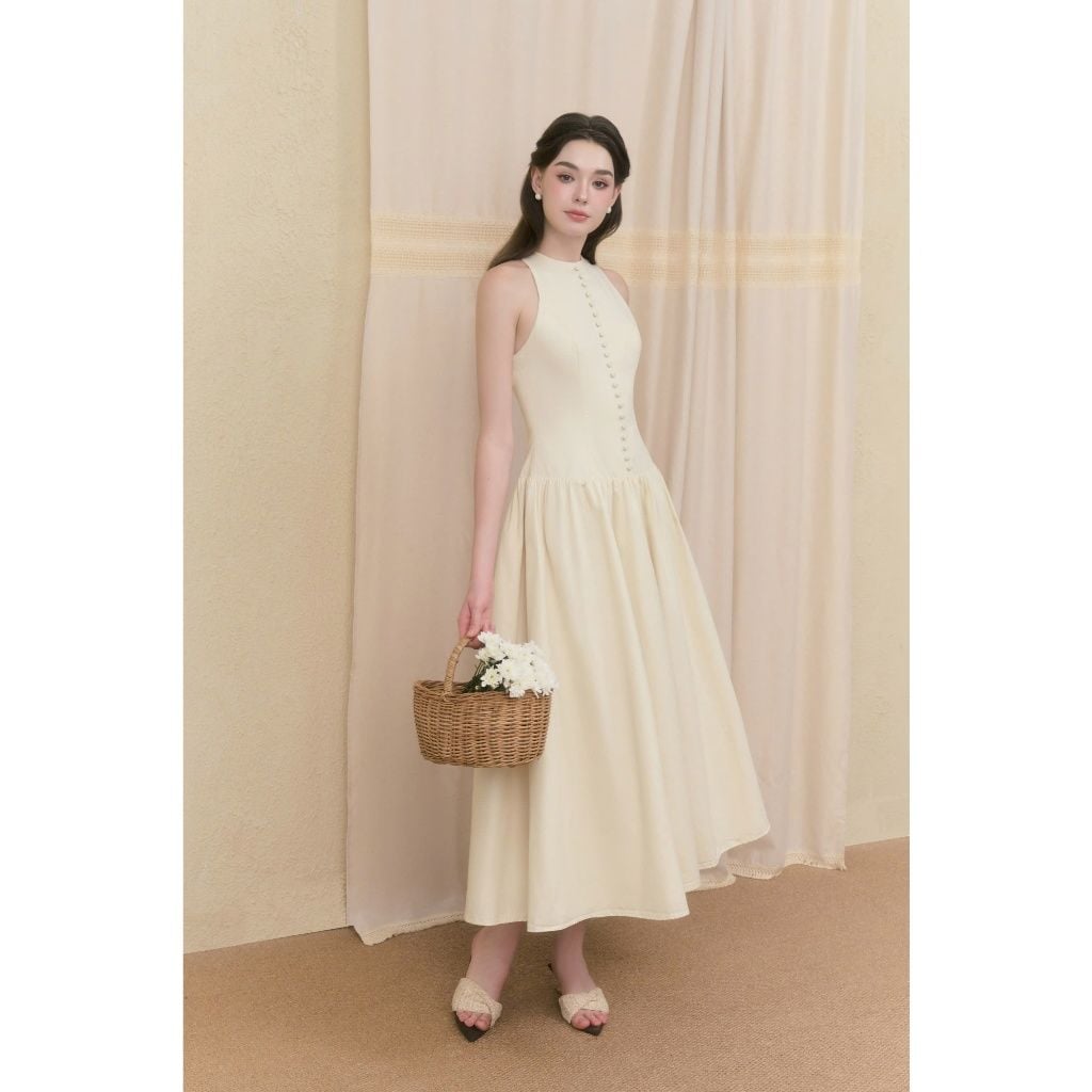 Đầm Nữ WIREAD DRESS Sát Nách Dáng Dài Phối Nút Bọc Thanh Lịch Đi Tiệc GOUT DE JUN