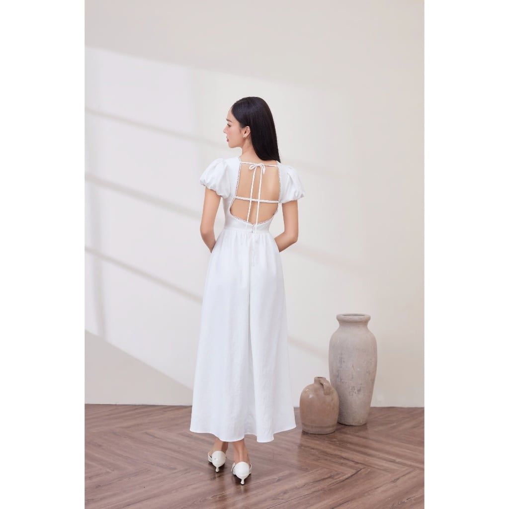 Đầm Nữ Tay Phồng Form Dài Hở Lưng Viền Ren Trẻ Trung - DOWKI DRESS - GOÛT DE JUN