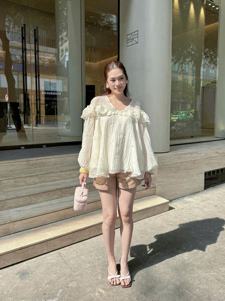 Áo Kiểu Nữ Babydoll SWETI Cổ V Bèo Tay Bồng Nữ Tính Dịu Dàng GOÛT DE JUN