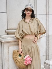 (BÁN LẺ) Set Nữ AGREC Áo Croptop Tay Dơi Cổ Bèo Phối Chân Váy Dài Nữ Tính GOÛT DE JUN
