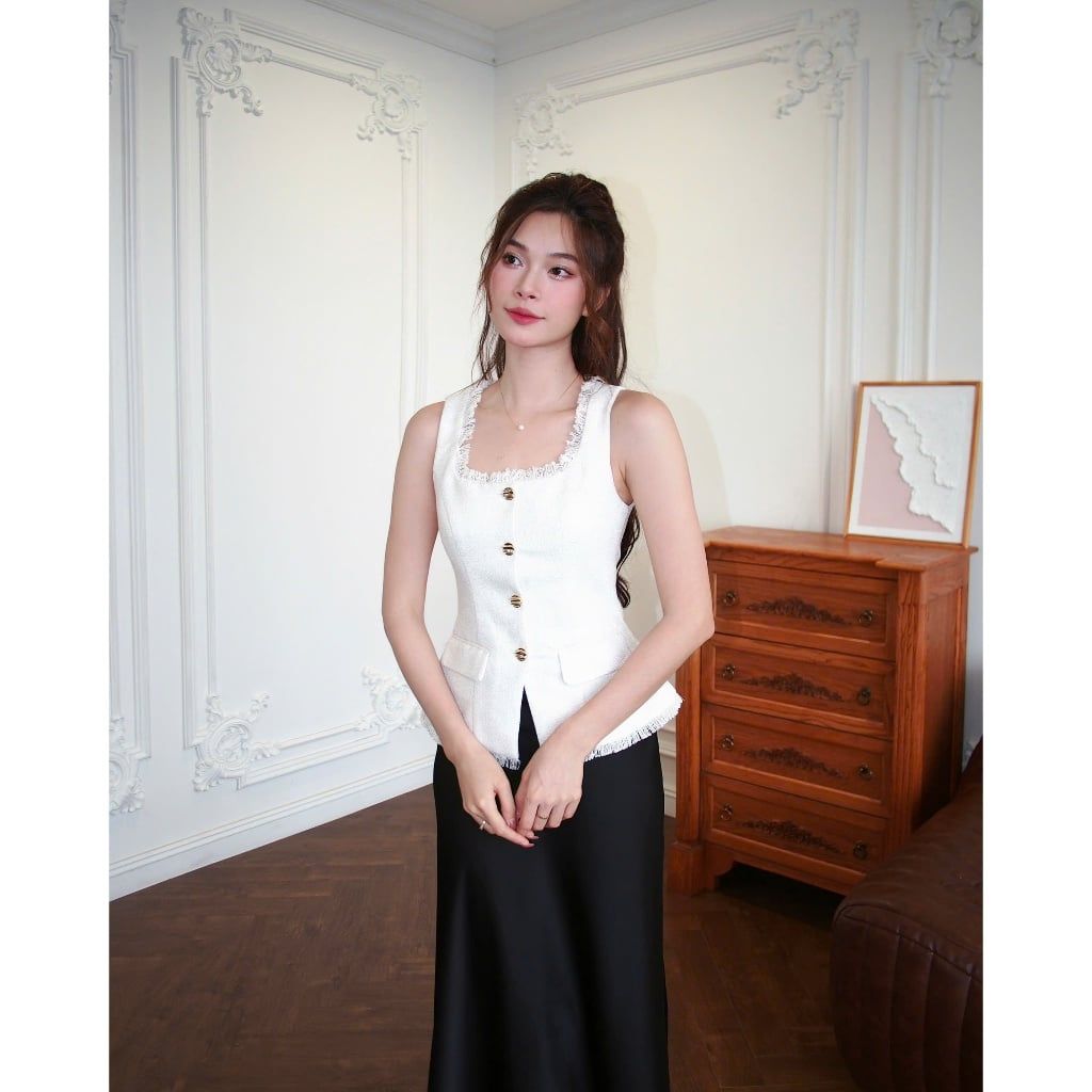 Áo Kiểu Nữ Cổ Vuông Sát Nách Chất Liệu Tweed Thanh Lịch - VEIGA TOP - GOÛT DE JUN