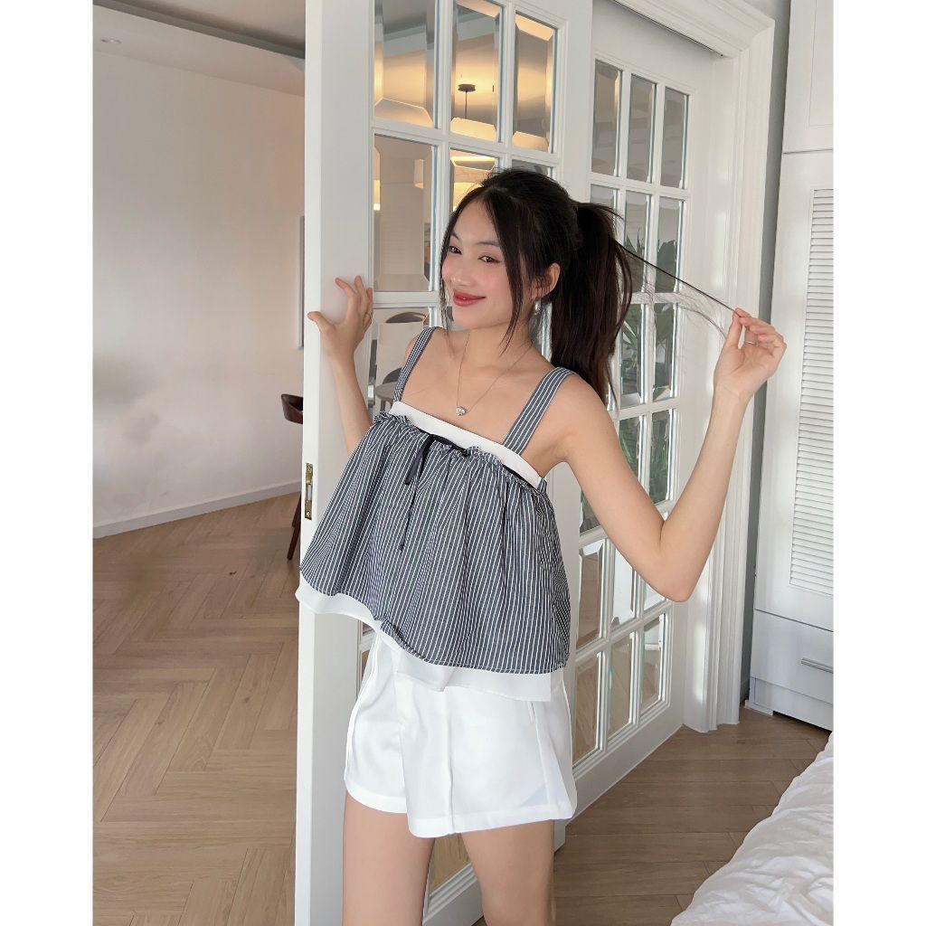 Áo Nữ Hai Dây Thiết Kế Cổ Vuông Babydoll Hai Lớp Dễ Thương   - SERGI TOP - GOÛT DE JUN