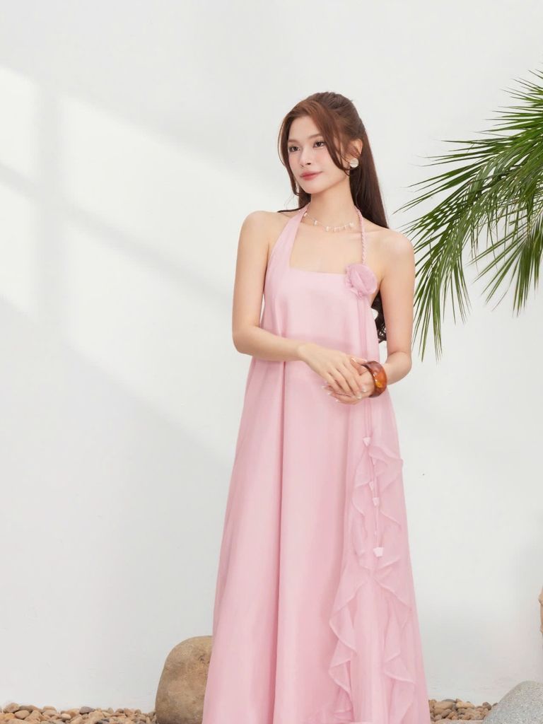 Đầm Nữ BISHAM DRESS Cổ Yếm Đính Hoa Nổi Tua Rua Đi Biển, Dạo Phố GOUT DE JUN